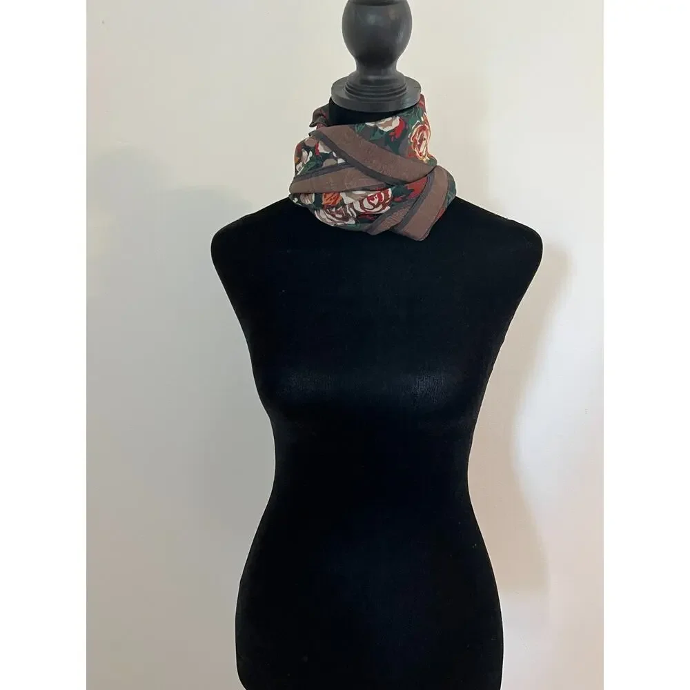 Oscar de la Renta EUC Brown Floral Plaid Print Silk Scarf 30